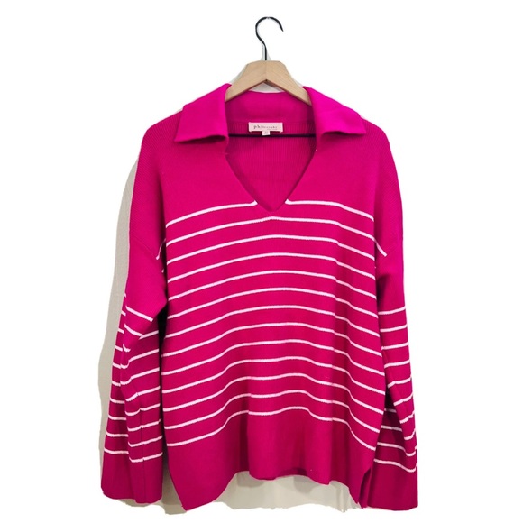 Philosophy Sweaters - Philosophy Long Sleeve Pink And White Striped Pullover Stretch Sweater